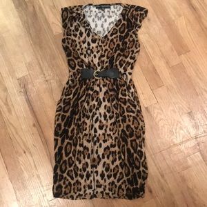 Print stretch jersey dress belt front trim waist